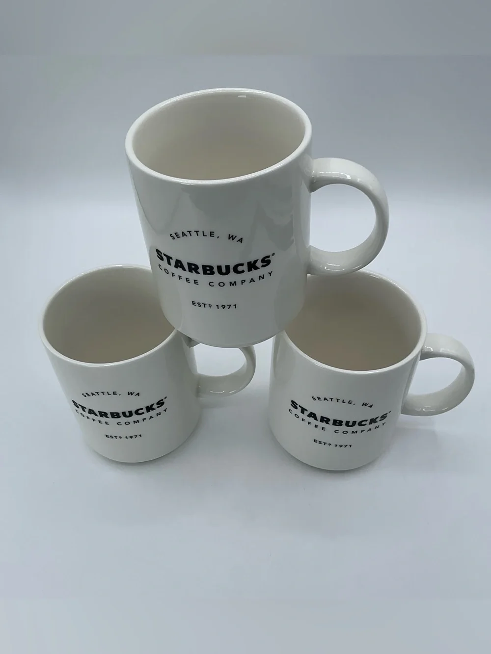 Set of 3 Starbucks Seattle WA Coffee Company White Ceramic Mugs 14 oz Est 1971